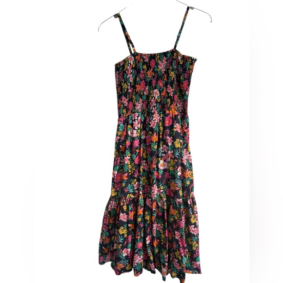 J Crew Floral Smocked Tiered Sleeveless A-Line Midi Dress Boho Navy Pink Size S - Picture 5 of 15
